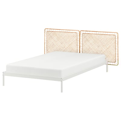 VEVELSTAD Bed frame with 2 headboards, white/Tolkning rattan, Double