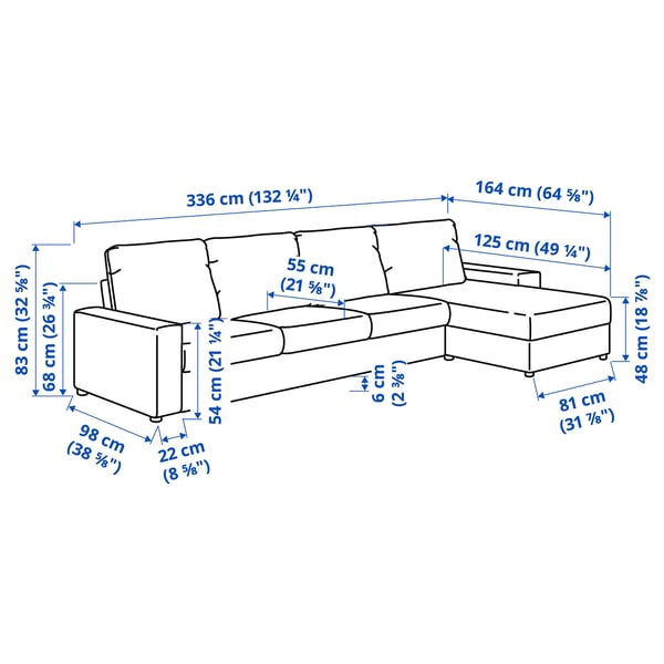 VIMLE 4-seat sofa with chaise longue, with wide armrests/Hillared beige