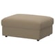 A VIMLE beige fabric ottoman with storage. Square-shaped, it a soft, plush material and wooden legs.