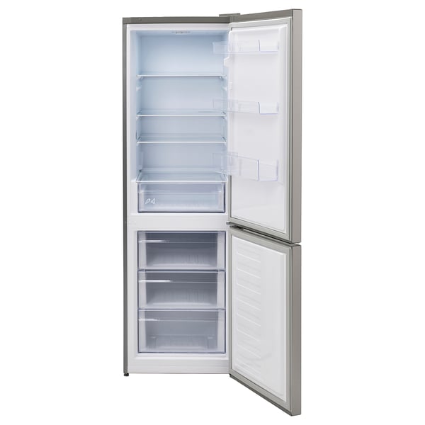 Stainless steel fridge/freezer with integrated handles, adjustable glass shelves, led lights, and storage bins in doors.