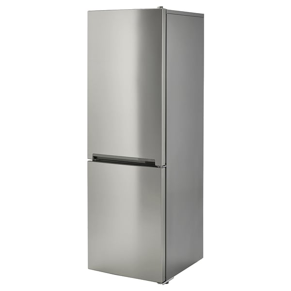 Stainless steel upright refrigerator with sleek design and integrated handles.