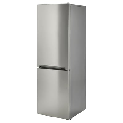 Stainless steel upright refrigerator with sleek design and integrated handles.