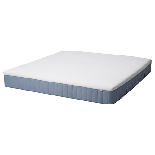 Blue-gray foam mattress with white top, rectangular shape, quilted edges, brand VITMÅSEN.