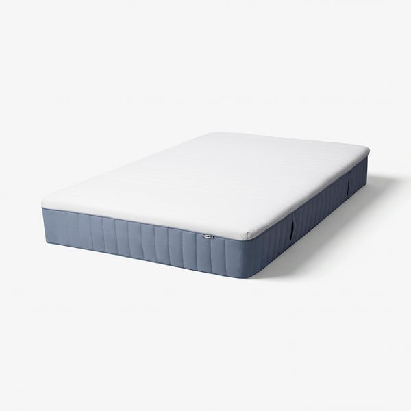 Blue-grey & white mattress with latex & pocket springs, rectangular shape, IKEA product.