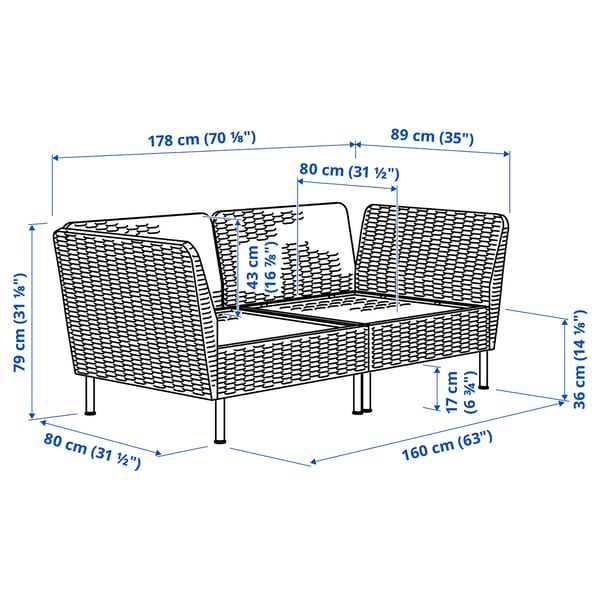 VITTSKÄR 2-seat modular sofa, armrests outdoor/plastic rattan dark grey