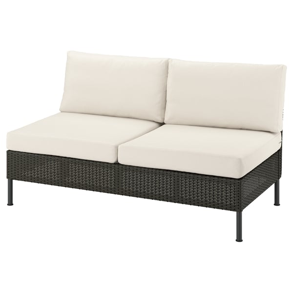 VITTSKÄR 2-seat sofa, outdoor plastic rattan dark grey/Frösön/Duvholmen beige