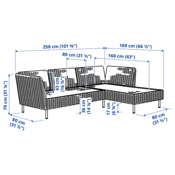 VITTSKÄR 3-seat conversation set, with chaise longue outdoor/plastic rattan dark grey