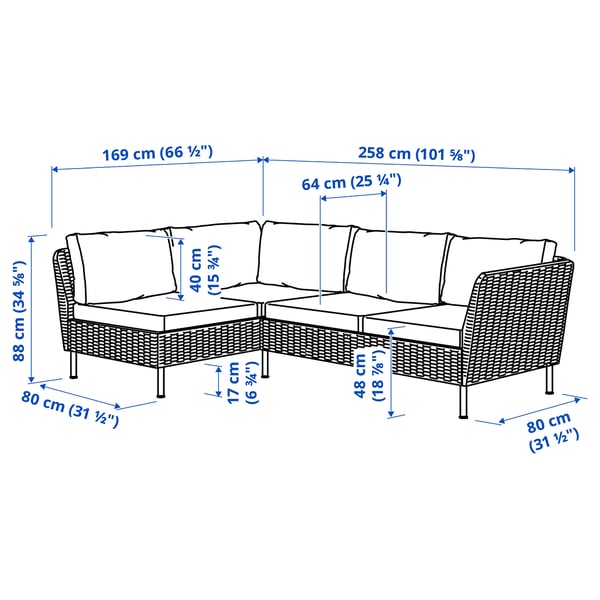 VITTSKÄR 3-seat modular corner sofa, outdoor plastic rattan dark grey/Frösön/Duvholmen beige