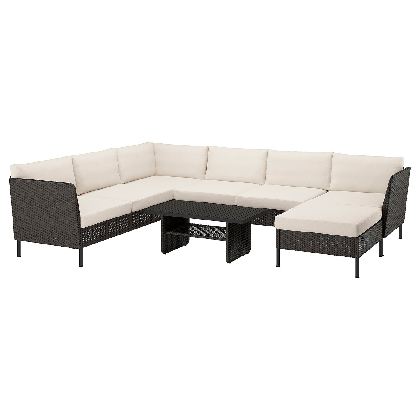 VITTSKÄR 5-seat conversation set, outdoor - with chaise longue/plastic rattan dark grey Frösön/Duvholmen beige