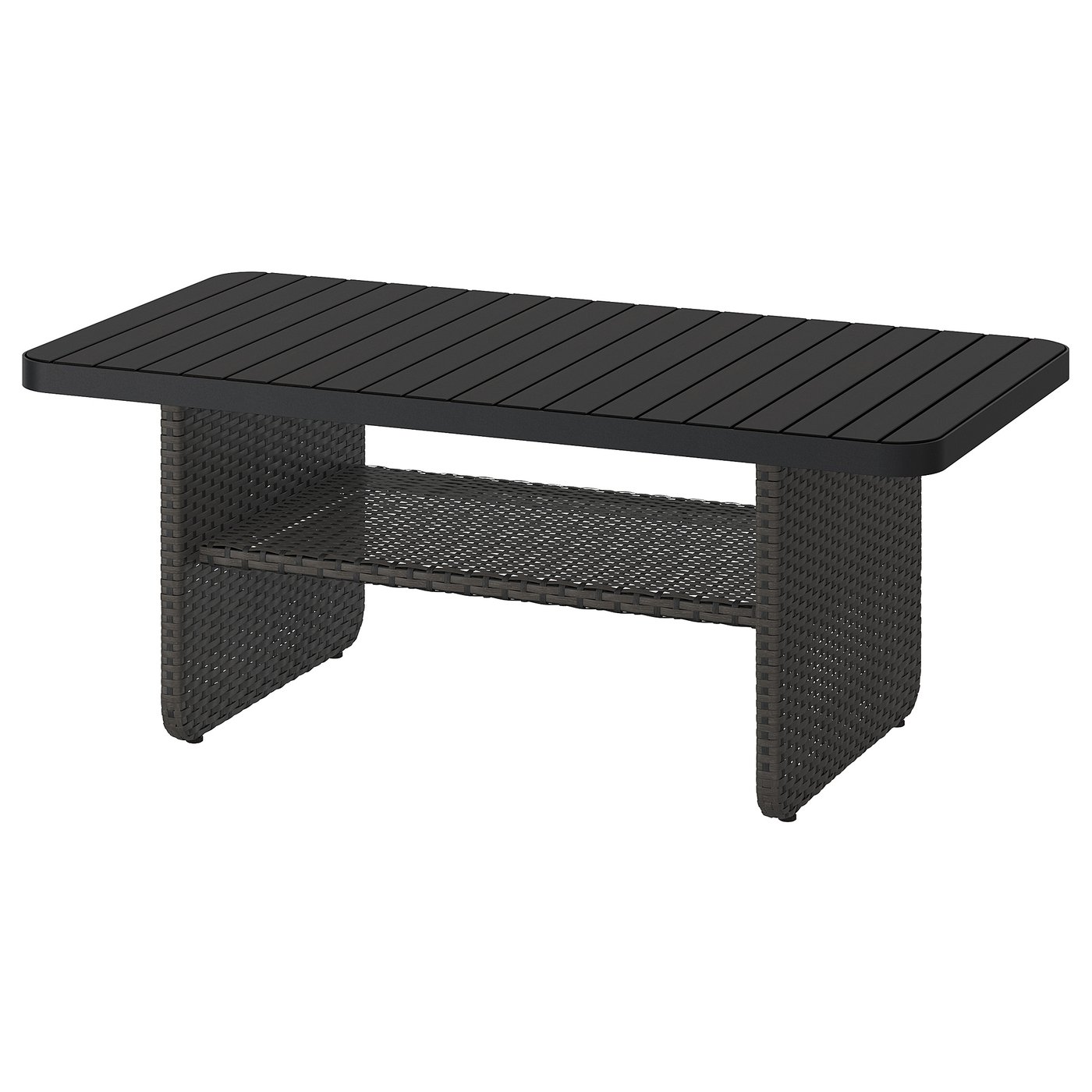 Black rectangular VITTSKÄR outdoor coffee table with woven frame and slatted top.