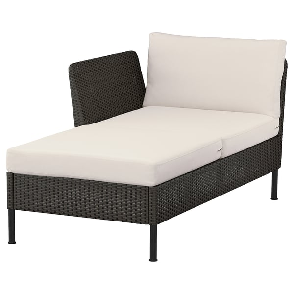 VITTSKÄR Modular chaise longue, with armrest outdoor/plastic rattan dark grey Frösön/Duvholmen beige