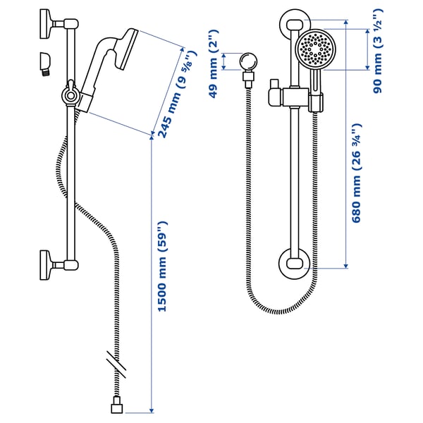 VOXNAN Riser rail w handshower/wall outlet, chrome-plated