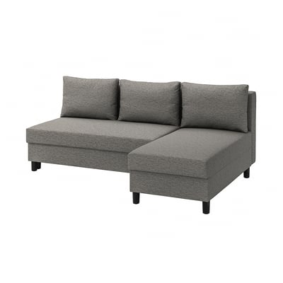 Modern grey l-shaped sofa, cozy & convertible, with storage & dark legs.