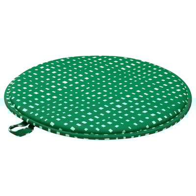 A round, green recycled polyester chair pad with a white checkered pattern, designed for comfortable seating.