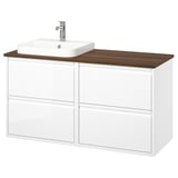 Modern white bathroom vanity with wood countertop, rectangular sink, and minimalist handles.