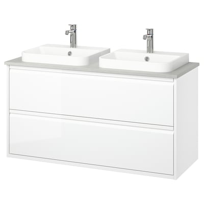 Modern white dual sink vanity with sleek handles, marble basin, chrome faucets.