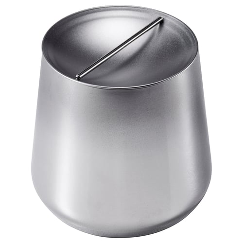 Silver, cylindrical metal container with lid featuring a small handle, ideal for kitchen storage.