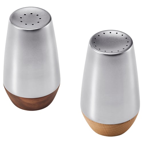Two silver AFTONHAJ salt and pepper shakers with wooden bases, cylindrical shape, sleek design.