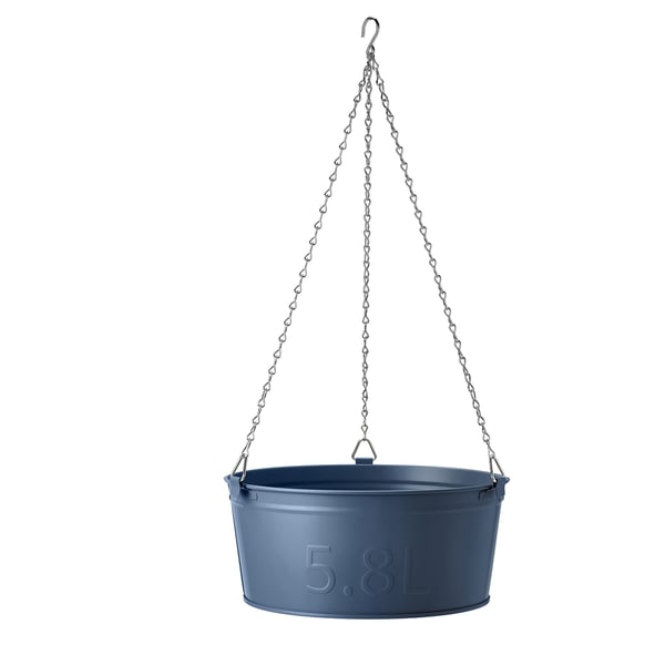 ÅKERBÄR blue hanging planter, galvanized steel, oval shape, with chain.