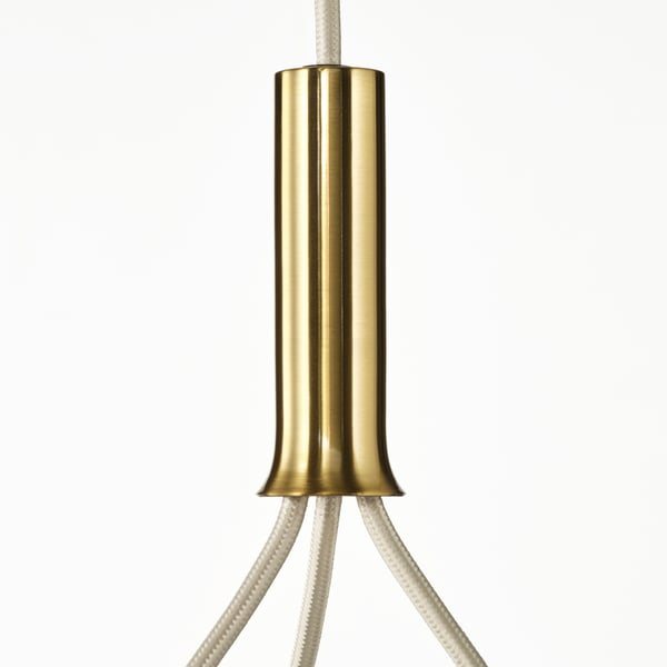 Gold metal pendant lamp fixture with white cords.