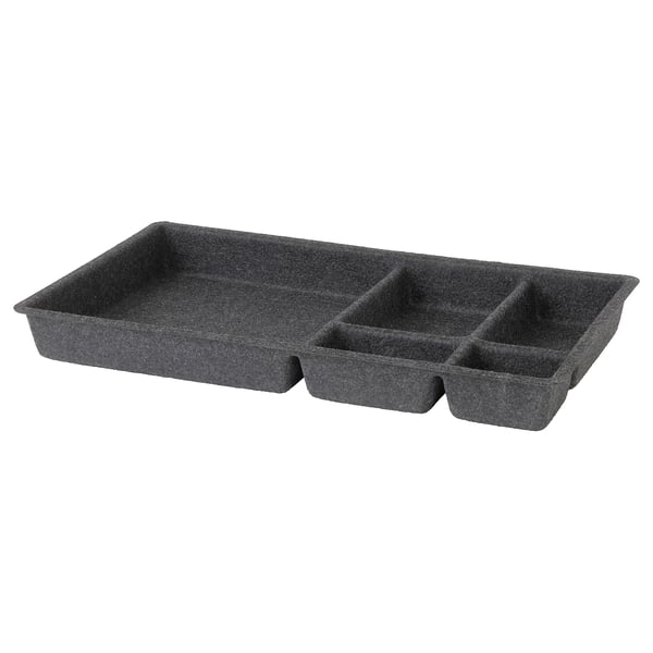 ALEX drawer organizer in dark gray with five compartments, rectangular shape, and felt material for protection and sound dampening.