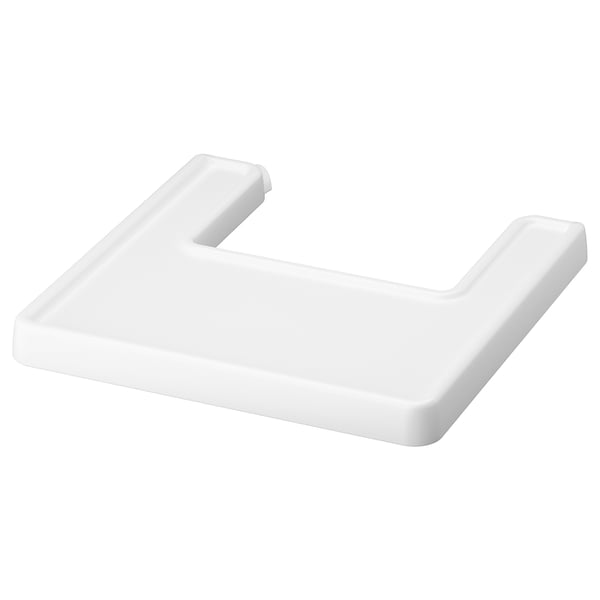 A white plastic kids highchair tray by ANTILOP. Its rectangular with smooth edges.