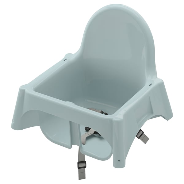 Light blue baby high chair with adjustable straps and a simple, modern design. Comfortable seat made of durable polypropylene plastic.