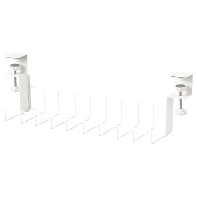 White under-table cable management system, featuring two table clamps and a shelf. Ideal for organizing cords and cables.