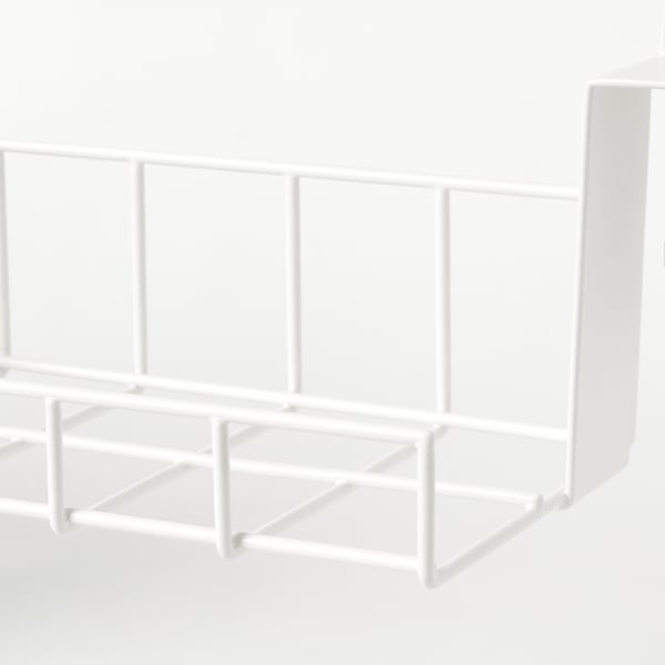 White under-table cable organizer, robust metal frame, neat cable management solution.