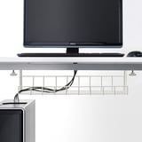 Under-desk cable management shelf, organizing wires efficiently for a tidy workspace.