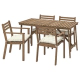 Wooden outdoor table and four chairs with beige cushions, simple and functional design.
