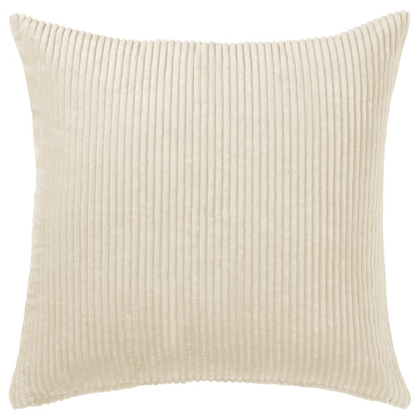 ÅSVEIG cushion, beige. Soft corduroy texture, square shape, vertical stripes.