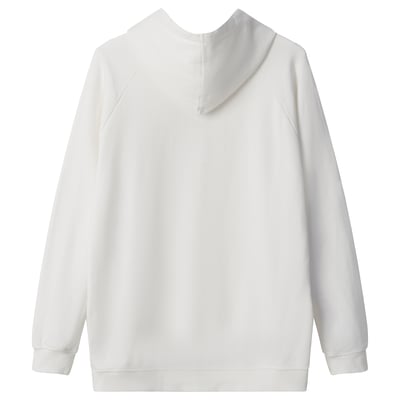 White IKEA hoodie, soft cotton, drawstring hood, front pocket, gray IKEA logo.