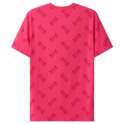 Bright pink ikea t-shirt with repeated ikea logos, casual fit, 100% cotton.