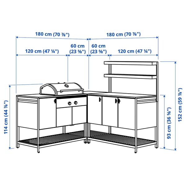 BÅTSKÄR Outdoor kitchen w charcoal barbecue, dark grey, 180x180x152 cm
