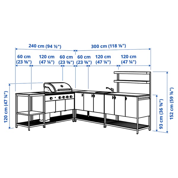 BÅTSKÄR Outdoor kitchen w gas bbq+sink unit, dark grey, 240x300 cm
