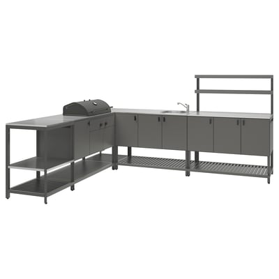 BÅTSKÄR Outdoor ktchn w chrcl bbq+sink unit, dark grey, 240x300 cm