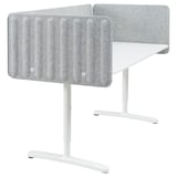 Two white modern office desks with adjustable white legs, each with a gray sound-absorbing screen attached to the back.