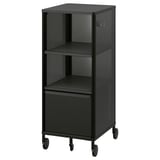 Black BEKANT storage cart with shelves, drawer, wheels, and modern design.