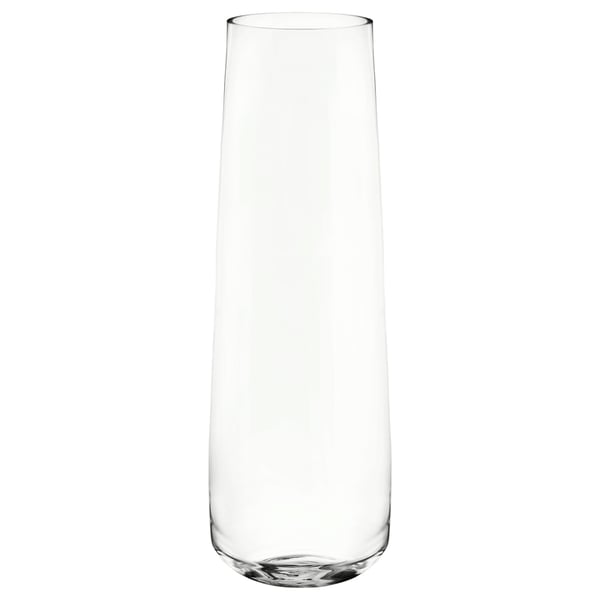 Clear, tall, cylindrical glass vase with smooth base and sides.