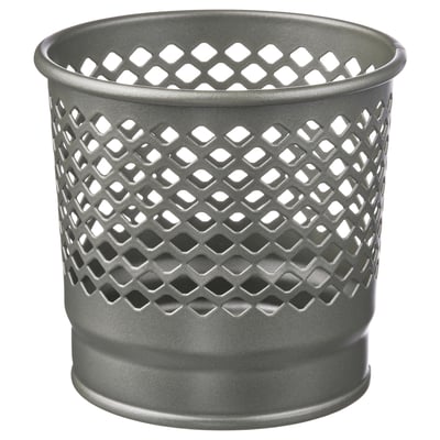 Elegant gray metal storage bin with perforated design for breathability and style