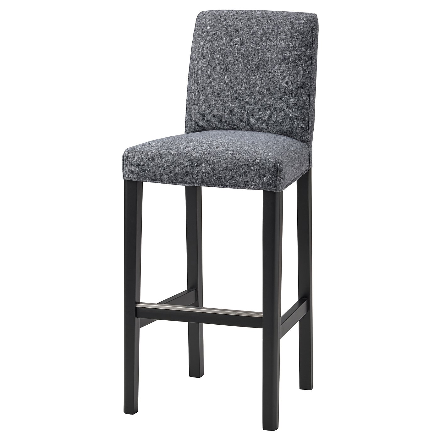 Grey upholstered bar stool with black metal legs and back support.
