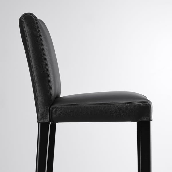 A high-quality black leather bar stool with comfortable cushioning and sturdy metal legs.