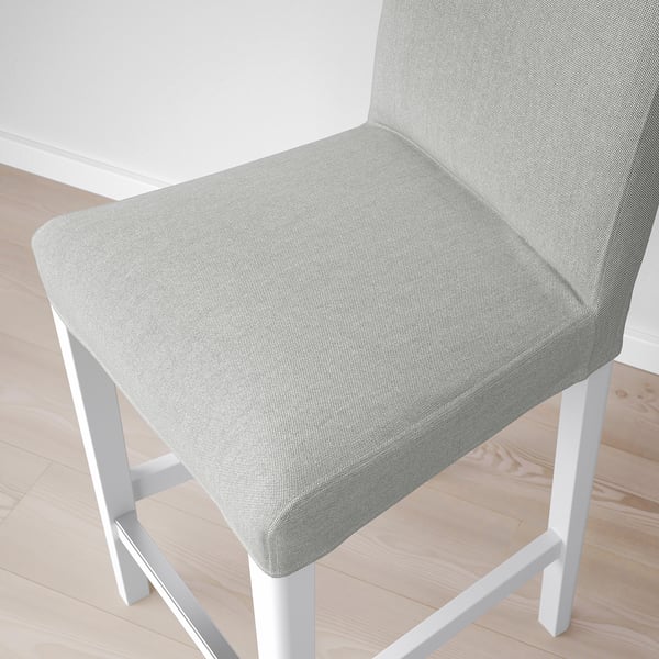 Modern bar stool with cushioned seat and back, sleek white legs, stylish gray cover.