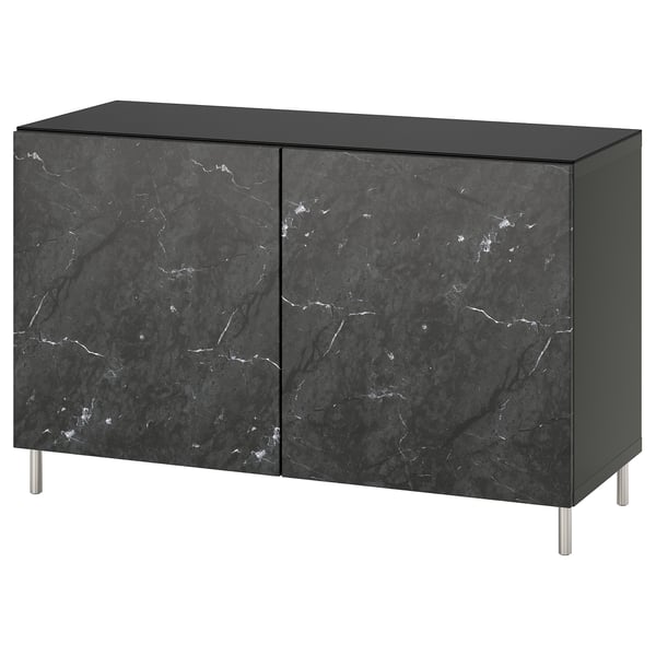 Black sideboard with marble effect doors, metal legs. Sleek, rectangular design with soft-closing hinges.