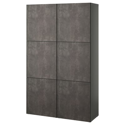 Displays a dark gray ikea BESTÅ cabinet, featuring six square doors with a matte concrete-like finish, adjustable hinges, and a rectangular shape.