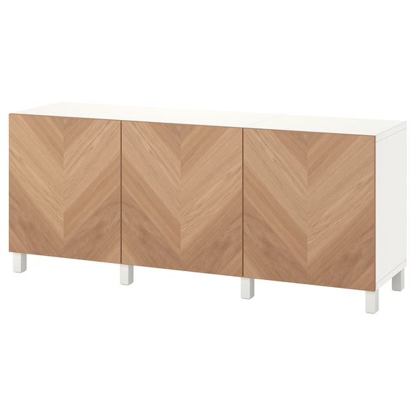 BESTÅ sideboard, white and oak, herringbone doors, rectangular, sleek design, four legs.