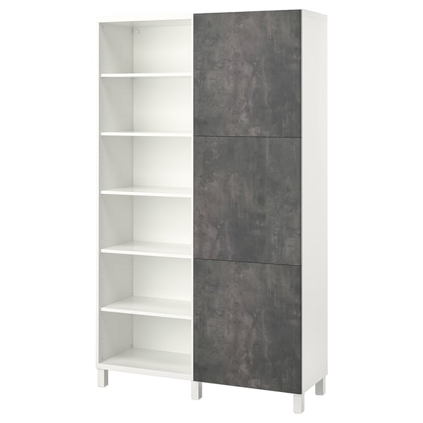 A BESTÅ storage unit with white frames, grey textured doors, and open shelves, blending modern and practical design.