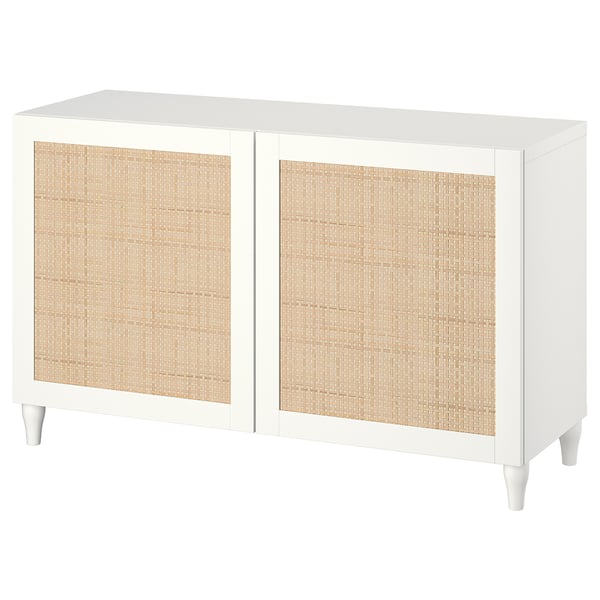 White BESTÅ sideboard with woven doors, sleek design. Perfect for storage and display.