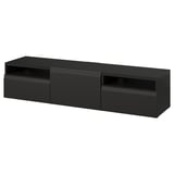 Black rectangular BESTÅ tv bench with three compartments and two drawers, sleek and modern design.